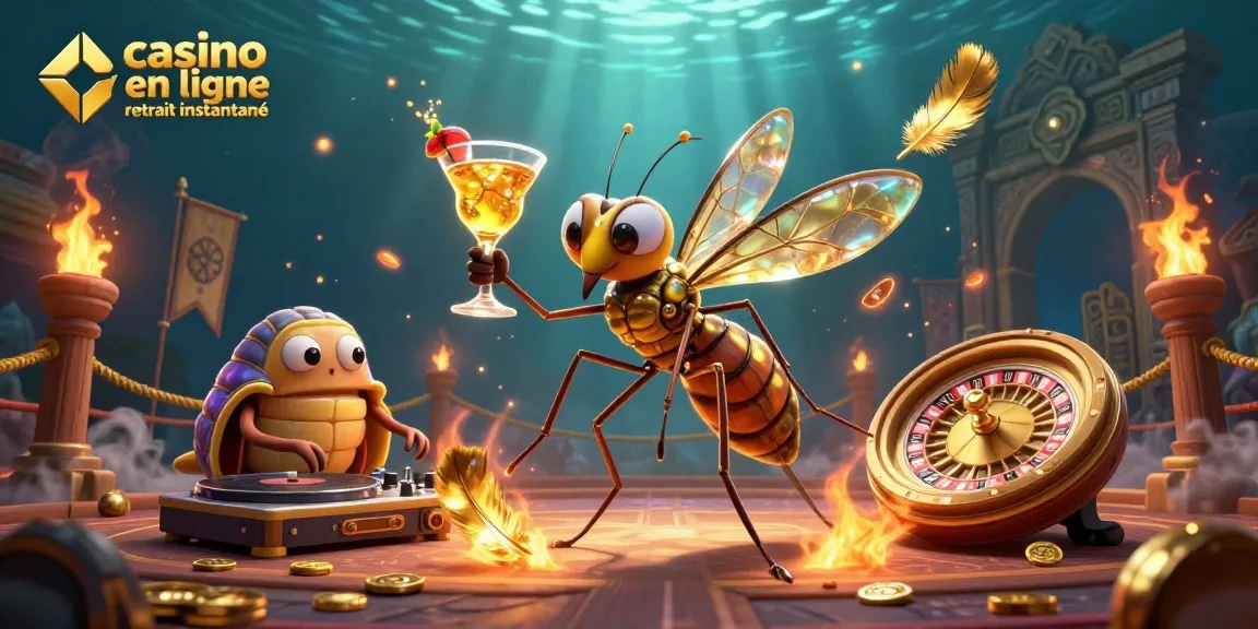 Illustration dynamique de casino en ligne avec retrait instantané, présentant un moustique et un DJ trilobite.