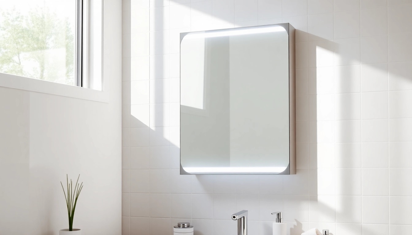 Showcase of a stylish led bathroom mirror Cabinet with integrated lighting, enhancing modern decor.