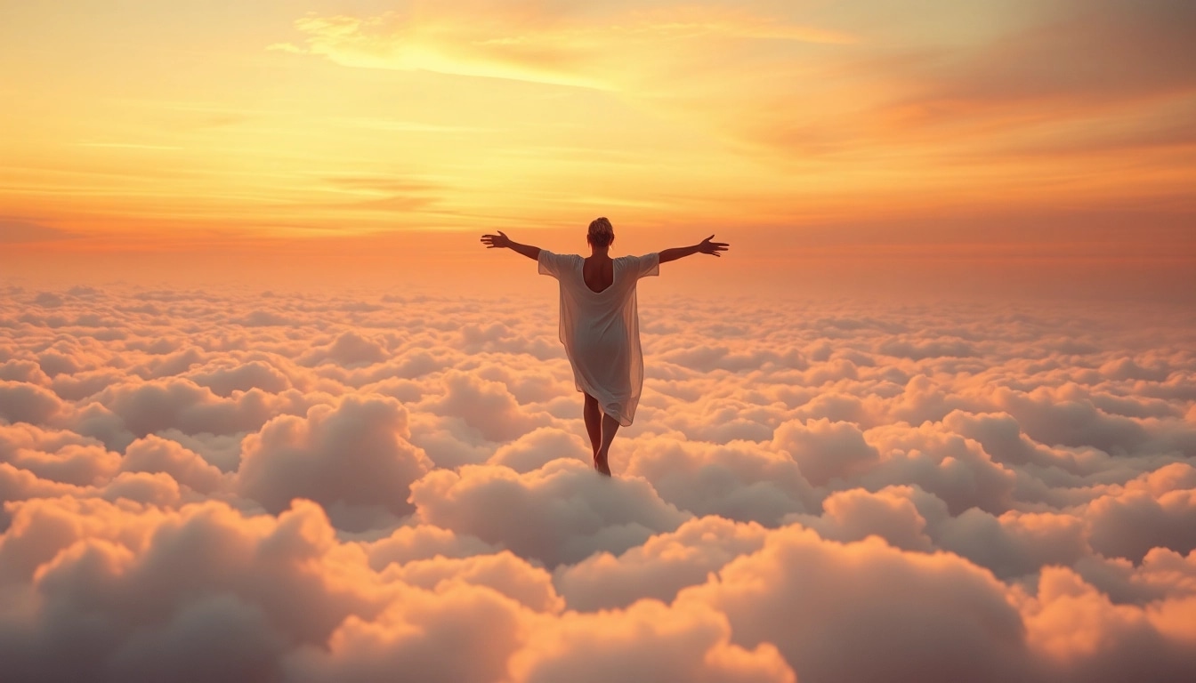 Experience Walking on Clouds while embracing freedom in a serene sky setting.