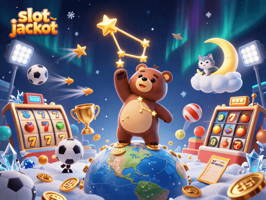 Engage with slot jackpot excitement featuring a cartoon constellation bear scooping coins amid dynamic slot reels.