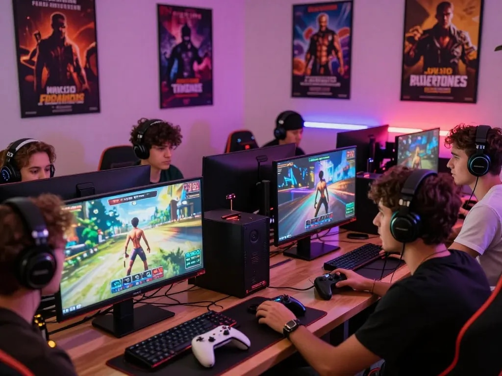Engaged players enjoying real porn game multiplayer in a vibrant gaming lounge.