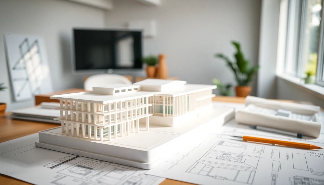 Wettbewerbsmodell einer modernen Architektur in einem hellen Studio.