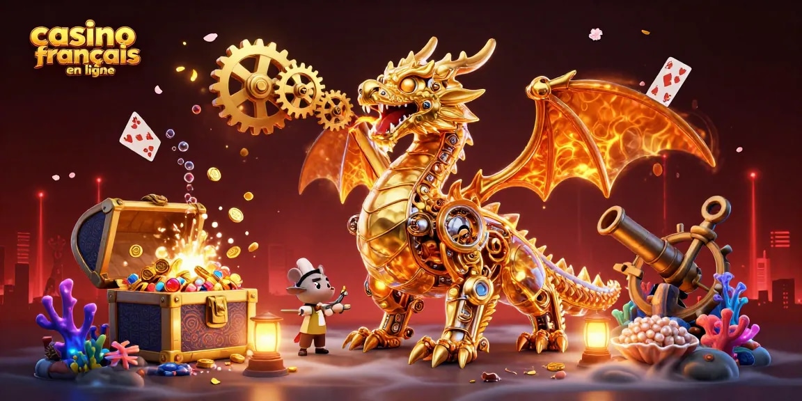 Jouez au casino français en ligne avec l'illustration riche en détails d'un dragon mécanique et trésors sous-marins.