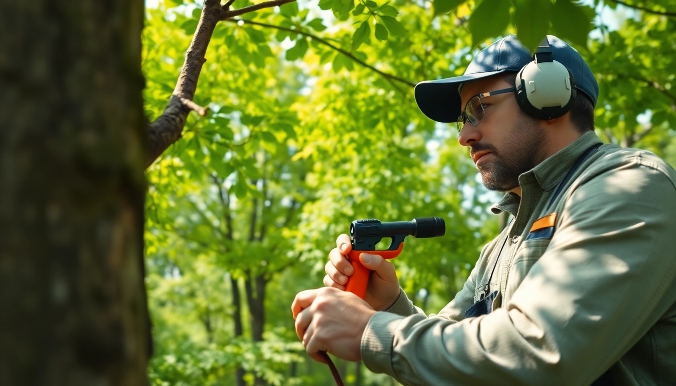 Black Mountain Tree Consultancy arborist evaluating tree health in a serene forest environment.