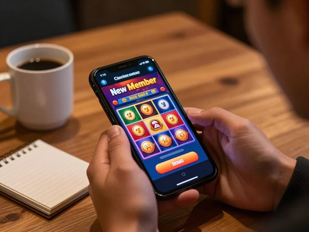 Engaging mobile gaming experience featuring bonus new member offer on smartphone while enjoying online slots.