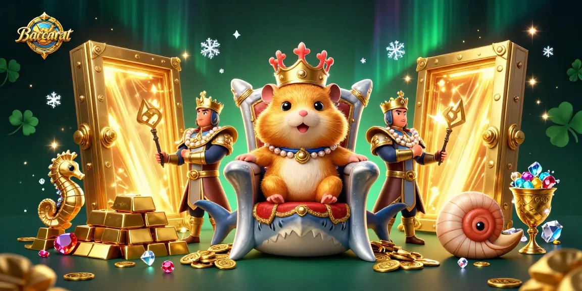 Baccarat gaming scene with a golden hamster king and royal guards amidst treasures and gems.