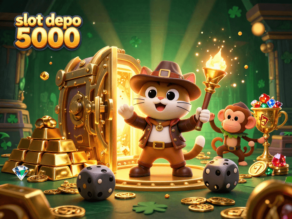 Uncover exciting opportunities at slot depo 5000 with a cat explorer in a vibrant 3D casino scene.