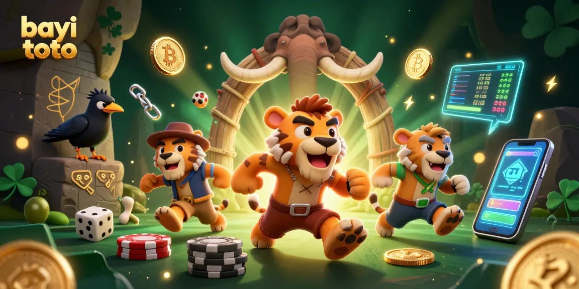 Experience the thrill of bayi toto with a vibrant scene showcasing a prehistoric casino run by cartoon characters.