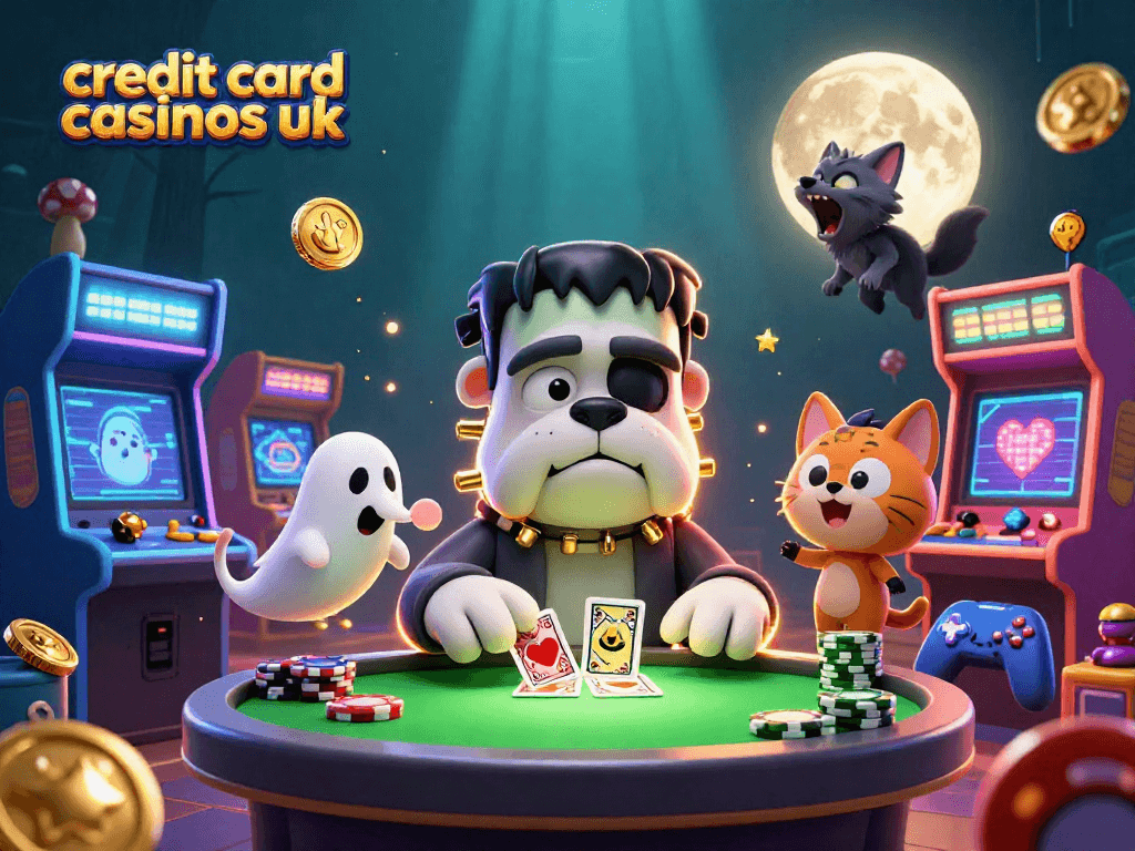 Experience the thrill of credit card casinos UK with a spooky casino scene featuring vibrant characters and gaming elements.