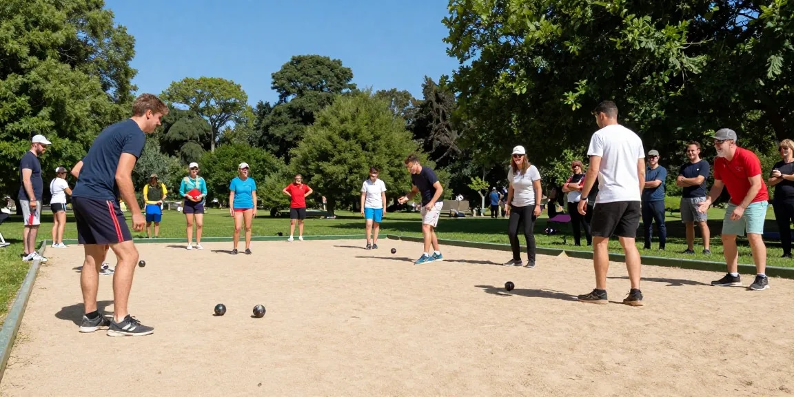 Permainan petanque di fopikotabanjarba.org dengan pemain beragam di taman yang cerah.