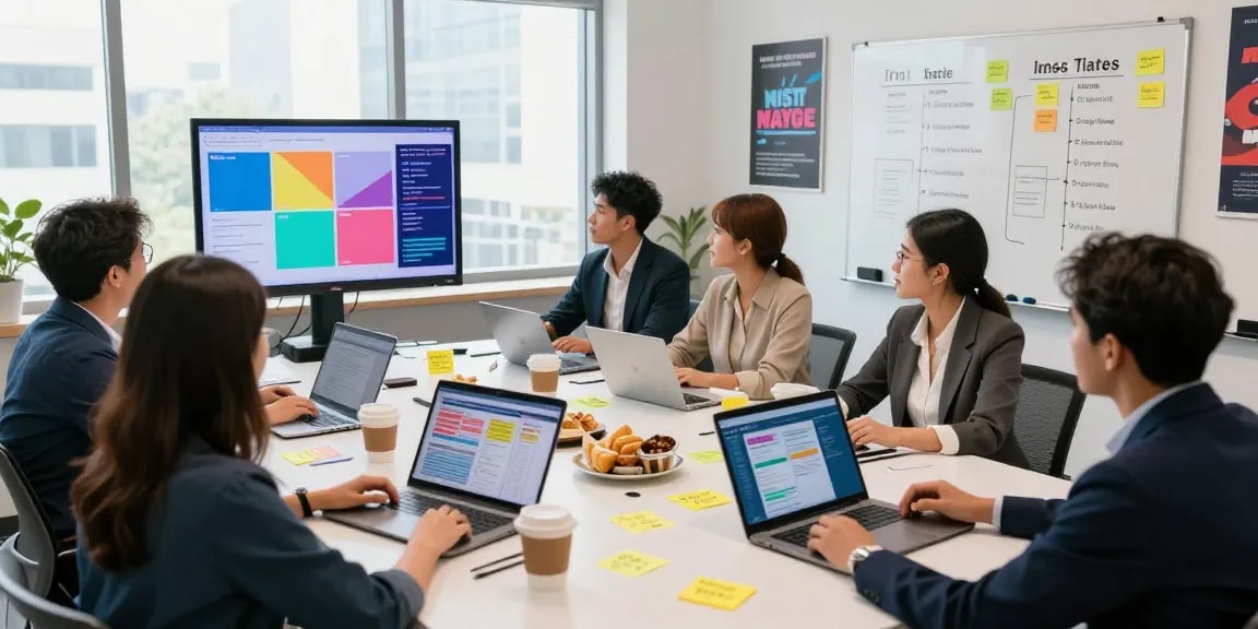 Political influencer marketing strategy session with diverse team analyzing voter data in a bright office.