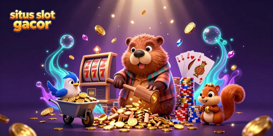 Experience the excitement of situs slot gacor with a whimsical scene of characters celebrating wins and collecting coins.