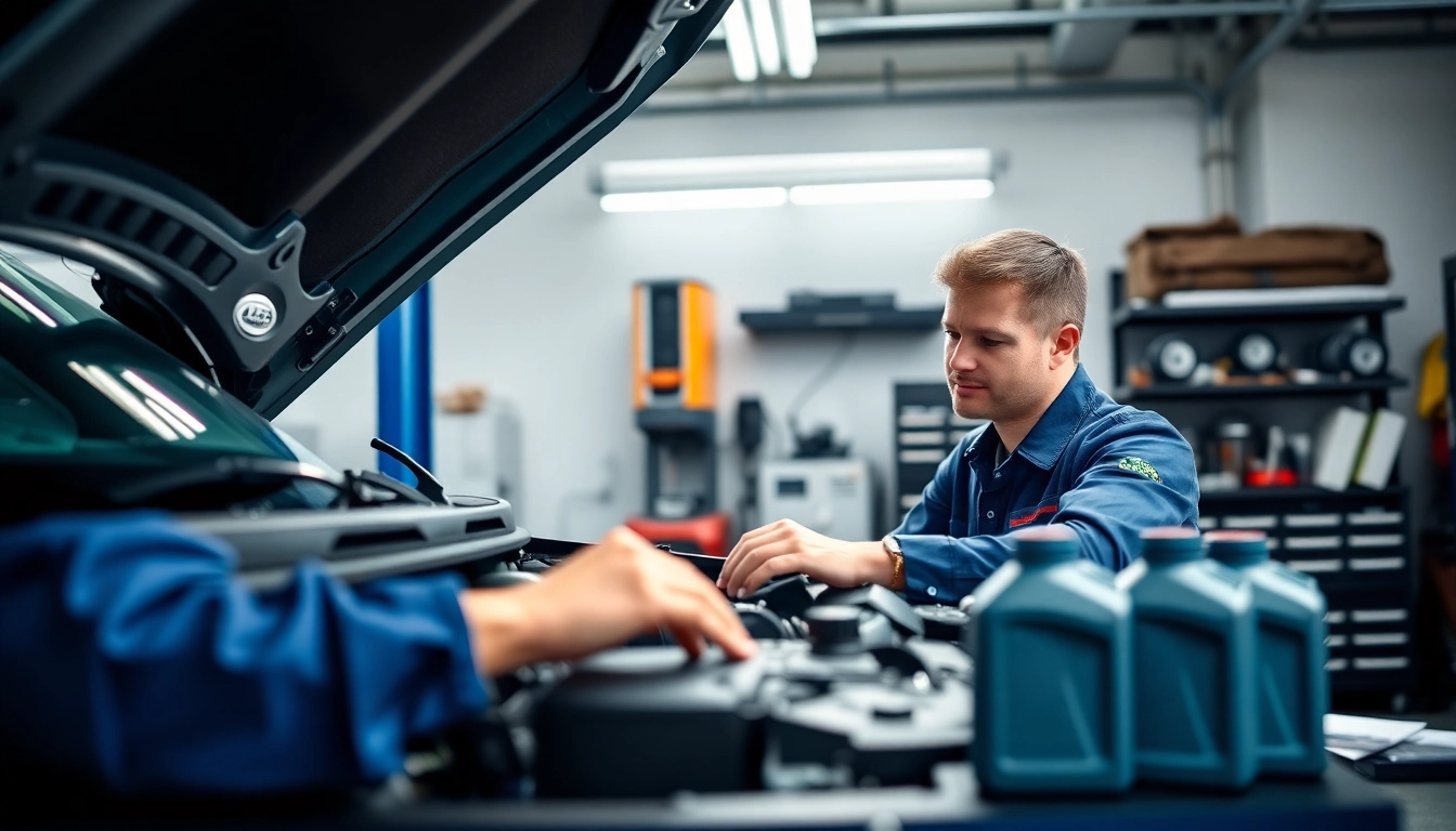 Land Rover service technician inspecting a vehicle in a professional garage environment.