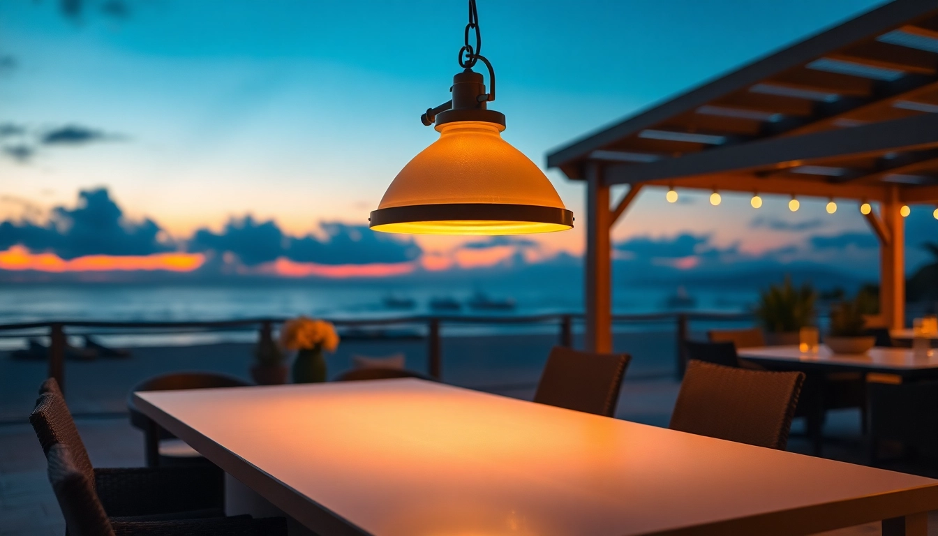 Elevate your space with an elegant island light fixture creating a warm, inviting glow outdoors.