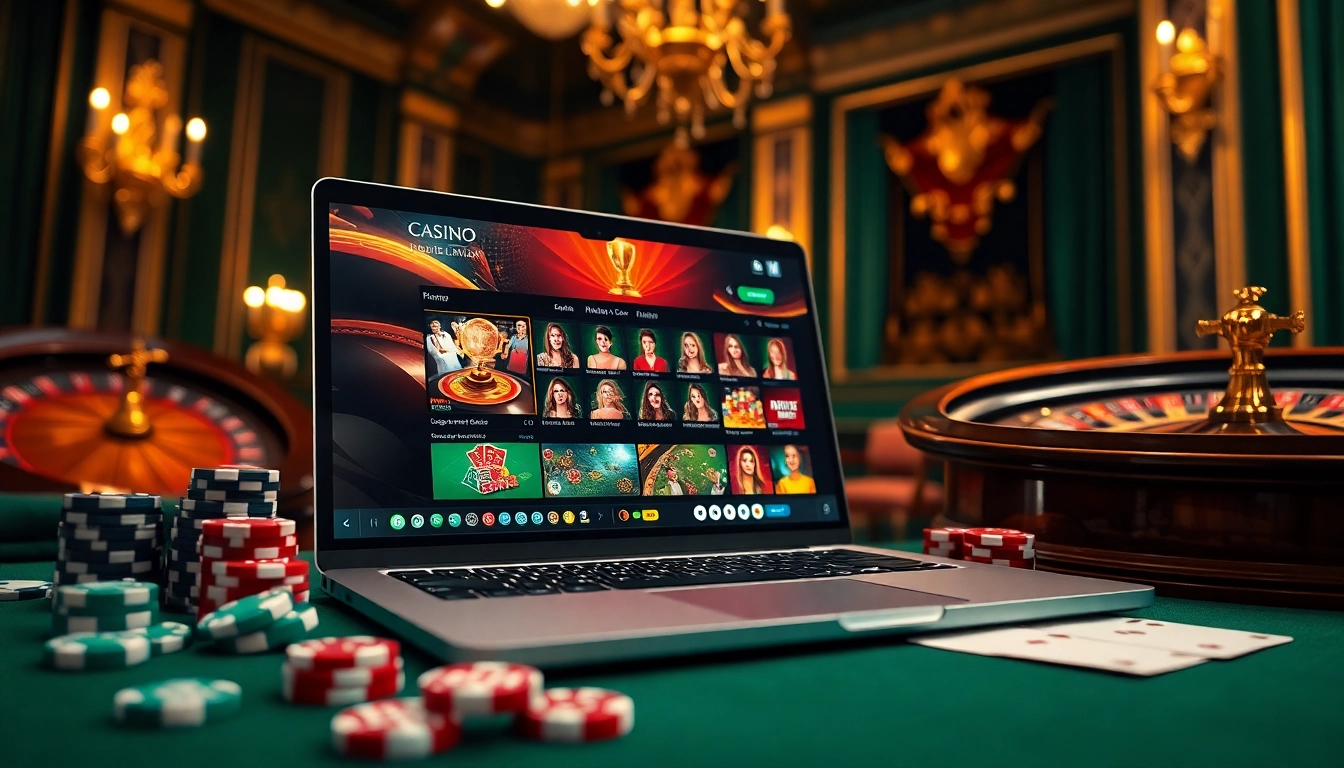 Découvrez l'excitation du casino en ligne Français 2026 avec une interface de jeu en ligne vibrante au milieu d'éléments de casino classiques.