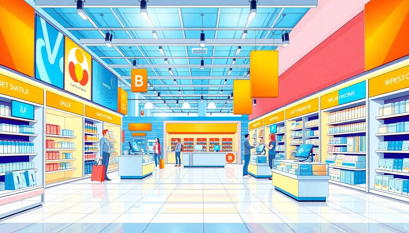 Engaging Multi-Store digital marketplace visualization showcasing diverse product displays.
