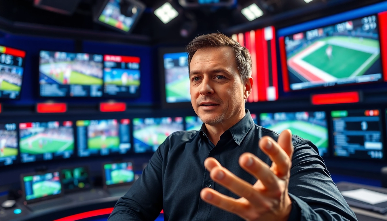 Sports Broadcasting: A dynamic sports broadcaster engaging viewers live from a modern studio.