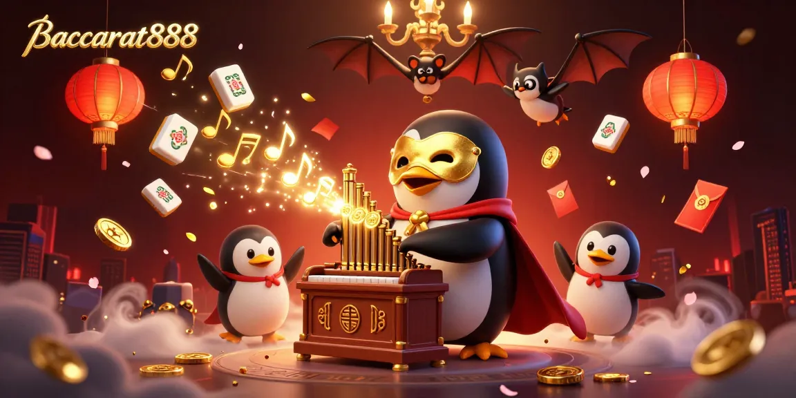 Baccarat888 presents a festive 3D casino scene with a penguin playing organ, shooting coins and musicals notes in a vibrant atmosphere.