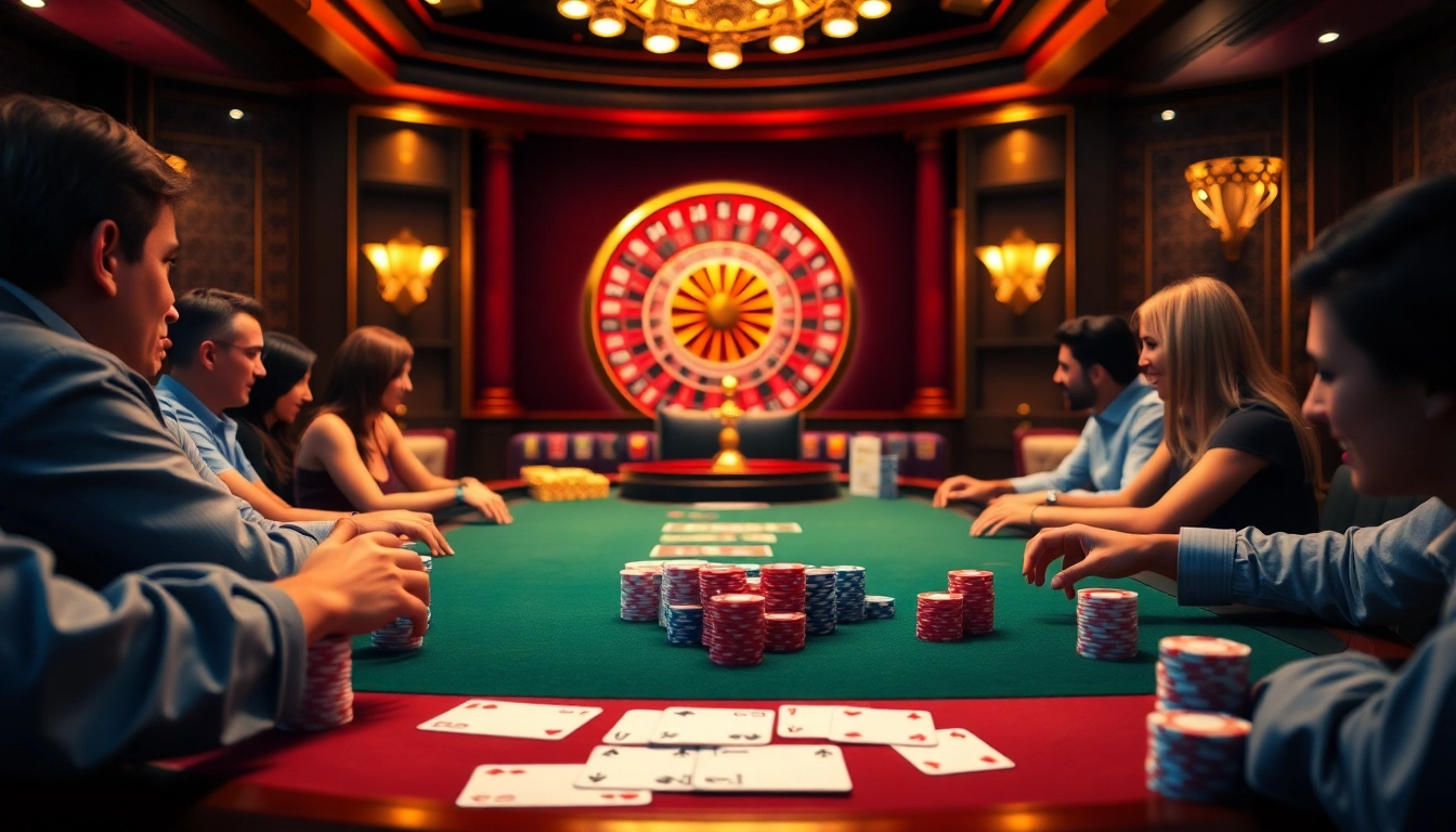 Participez à l'excitation du casino en ligne Français 2026 à une table de poker luxueuse avec des jetons et des cartes vibrants.