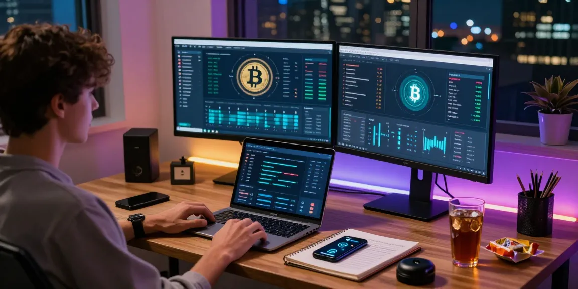 Bitcoin mining platform dashboard in a cozy home office with cryptocurrency metrics and blockchain research notes.