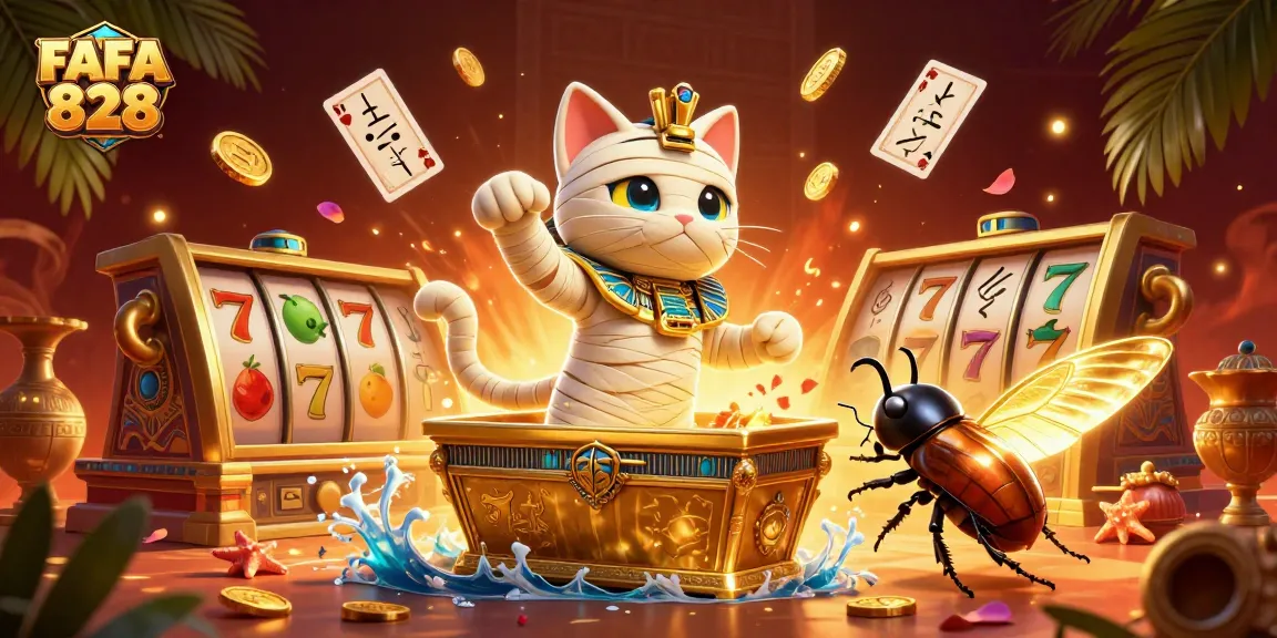 Experience the excitement of FAFA 828 with a dynamic scene featuring a mummy cat and gaming elements.