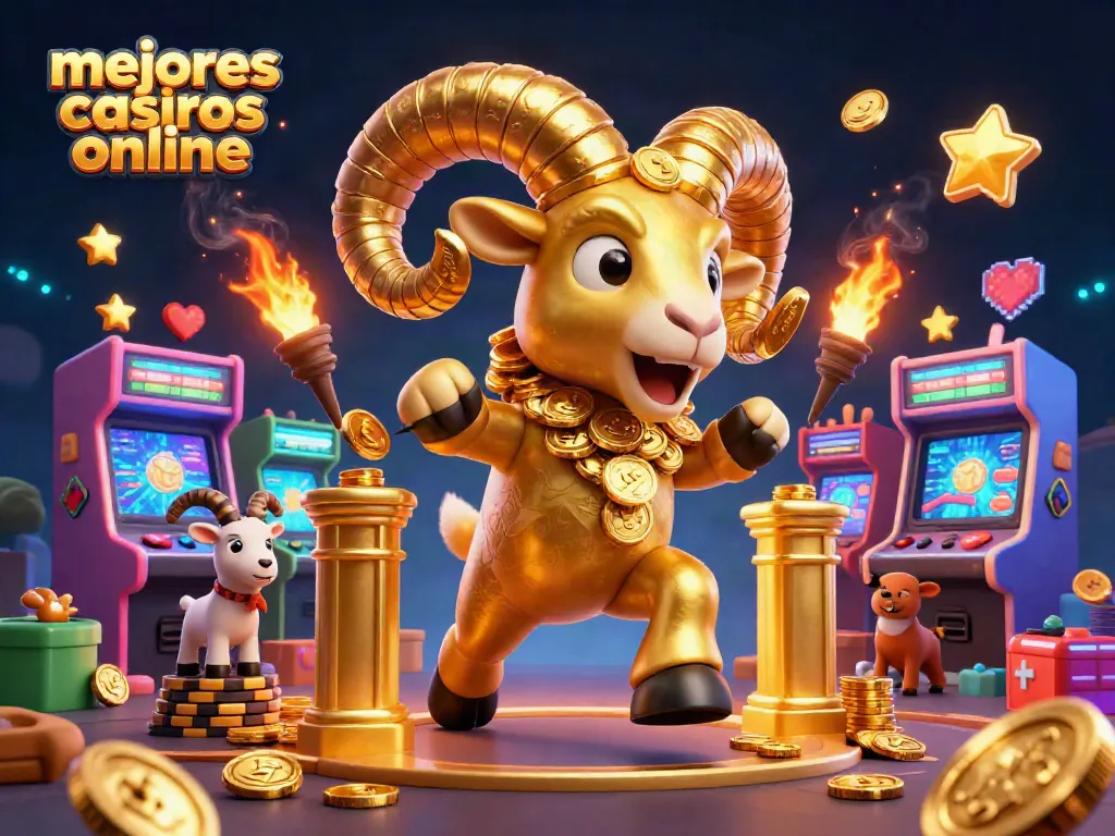Jugando en los mejores casinos online con un carnero dorado en un fondo mágico.