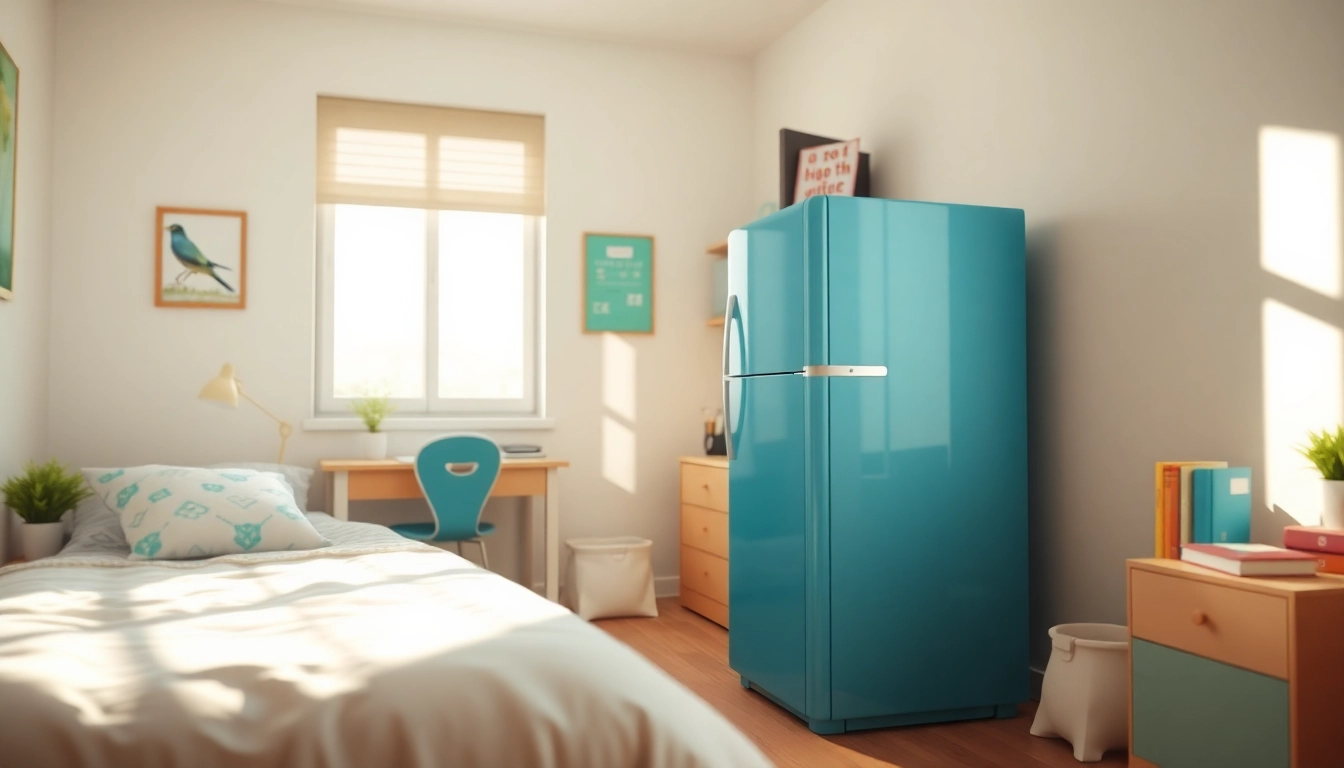 Stylish dorm room fridge in a cozy, well-lit dorm room setting.