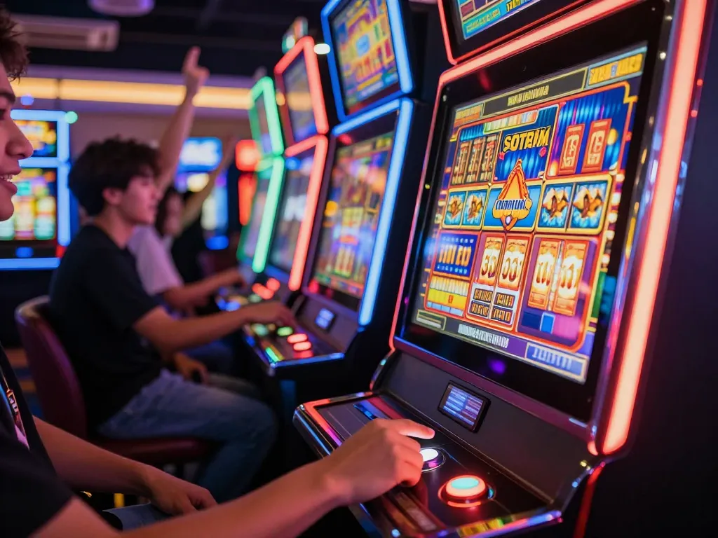 Engaging in the excitement of slot thailand with players pressing spin and celebrating wins.