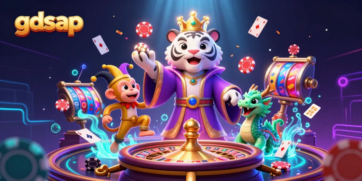 gdsap engages players with vibrant slot reels and roulette wheels in a lively 3D casino illustration.
