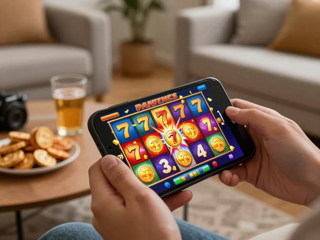Spinning '777' slot reels on a smartphone, showing excitement in online gaming.