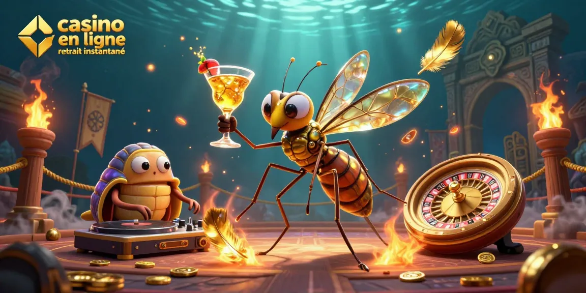 Illustration dynamique de casino en ligne avec retrait instantané, présentant un moustique et un DJ trilobite.