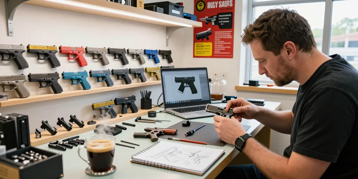 Custom Glock slides showcased at https://precisionglockslides.com, with a skilled gunsmith assembling components in a bright workshop.