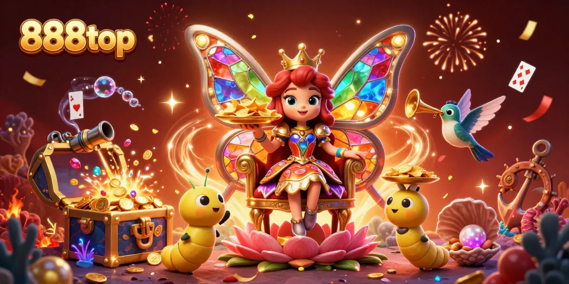 888top offers a vibrant casino experience, featuring a playful butterfly queen surrounded by treasures and immersive game elements.