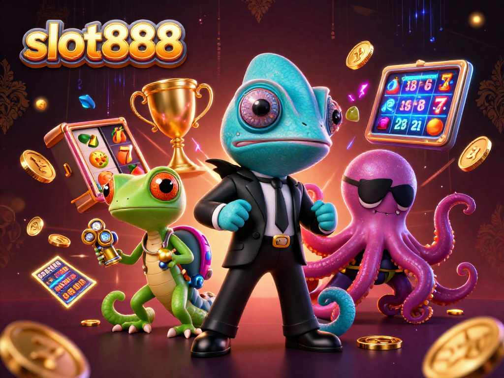 Slot888 hadir dalam ilustrasi yang menarik, menampilkan agen rahasia dan elemen permainan slot.
