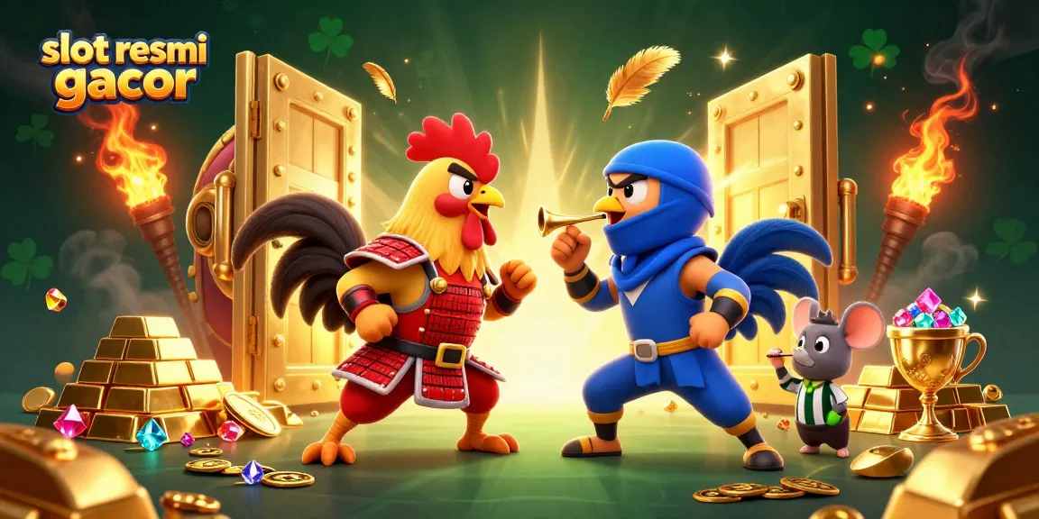 Experience the thrill of slot resmi gacor with 3D cartoon roosters in action amidst a treasure-filled scene.
