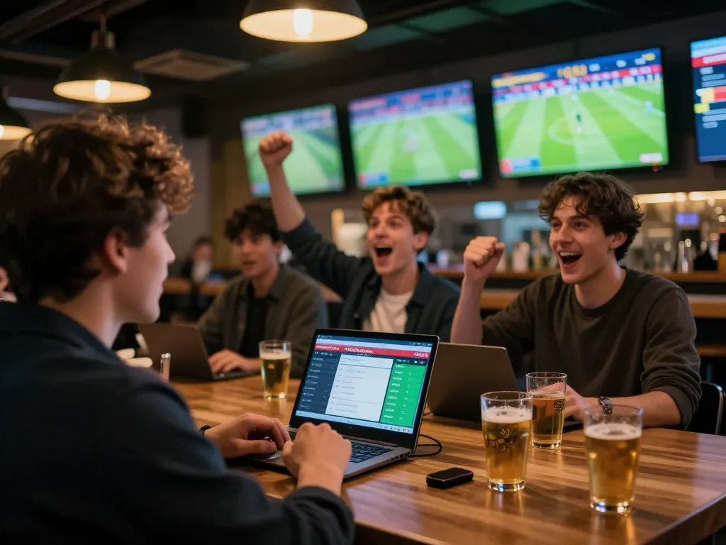 Excited group using the 7meter parlay app for live sports betting in a vibrant bar.