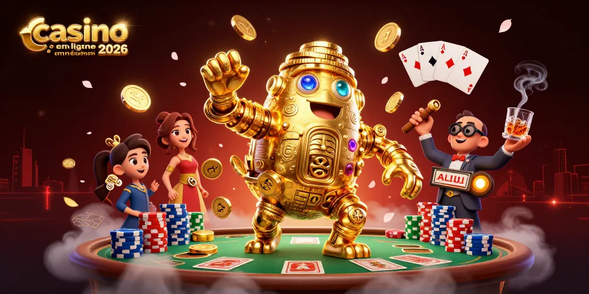 Illustration captivante de casino en ligne retrait immédiat 2026 avec un golem doré entouré de cartes et de jetons