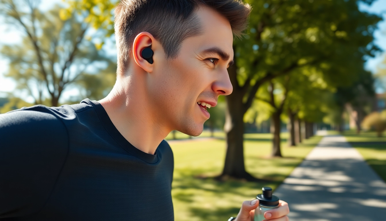 Active athlete using F1 Bone Conduction Headphones in a sunny park for outdoor workouts.