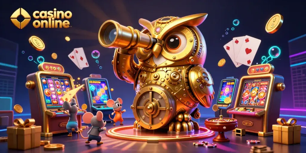 Disfruta de juegos en un casino online mientras un búho dorado vigila el ambiente, rodeado de gadgets de juego.