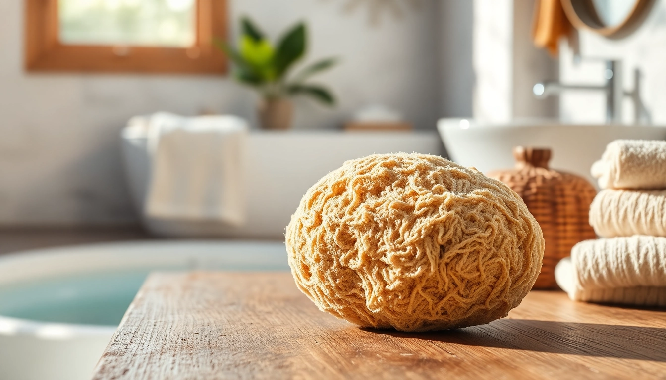 Beautiful raw loofah sponge capturing sunlight on a rustic wooden table, emphasizing its texture.