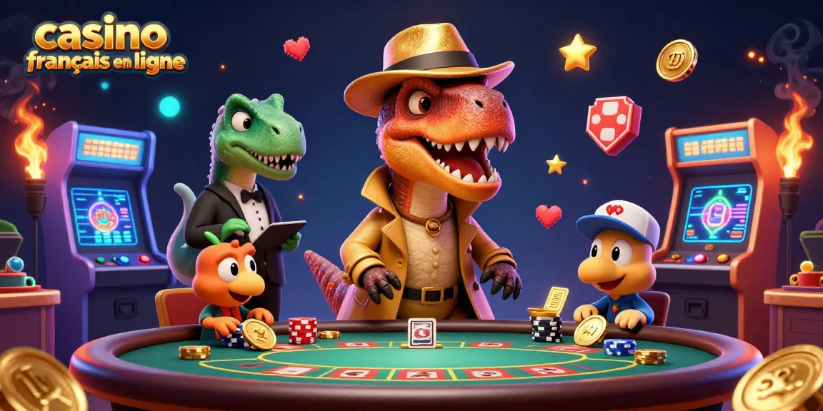 Un vélociraptor au casino français en ligne, caché à une table de blackjack, avec un pit boss sourcilleux et un pickpocket.