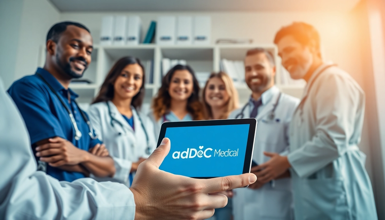 Showcase of medical professionals utilizing ad DÓC Medical technology in a modern healthcare setting.