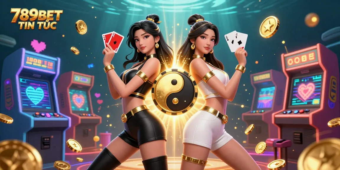Experience thrilling action with 789BET TIN TỨC in this vibrant illustration of twin Asian women engaged with casino cards and gaming elements.