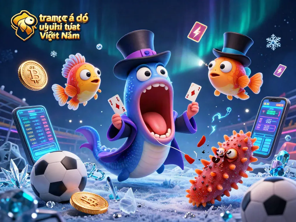 Trang cá độ bóng đá uy tín nhất Việt Nam, các nhân vật hoạt hình biểu diễn trò ma thuật trong casino với bóng đá và vé cược xung quanh.