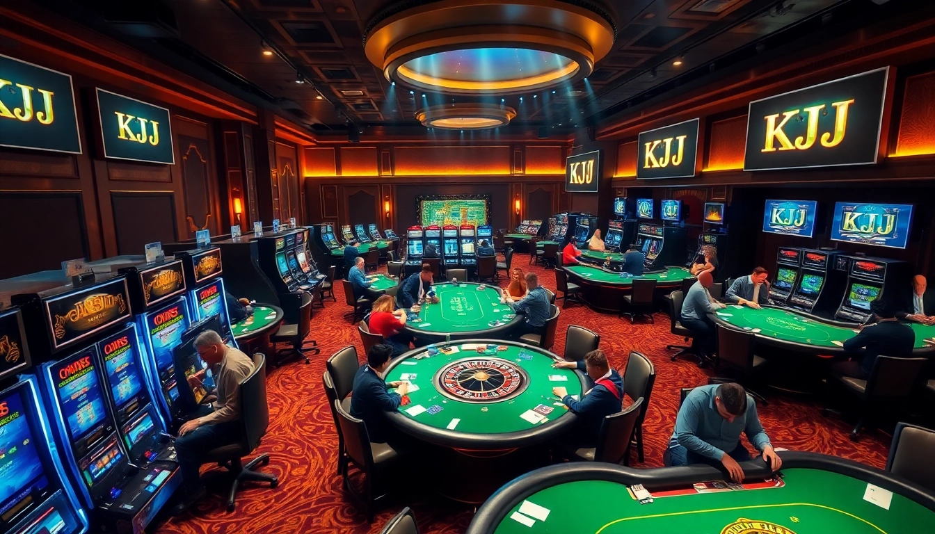 KJC players experiencing excitement at a high-end casino with slot machines and poker tables.