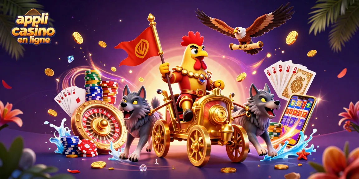 Appli casino en ligne : un roi coq guerrier dirigeant avec des pièces d'or et des cartes