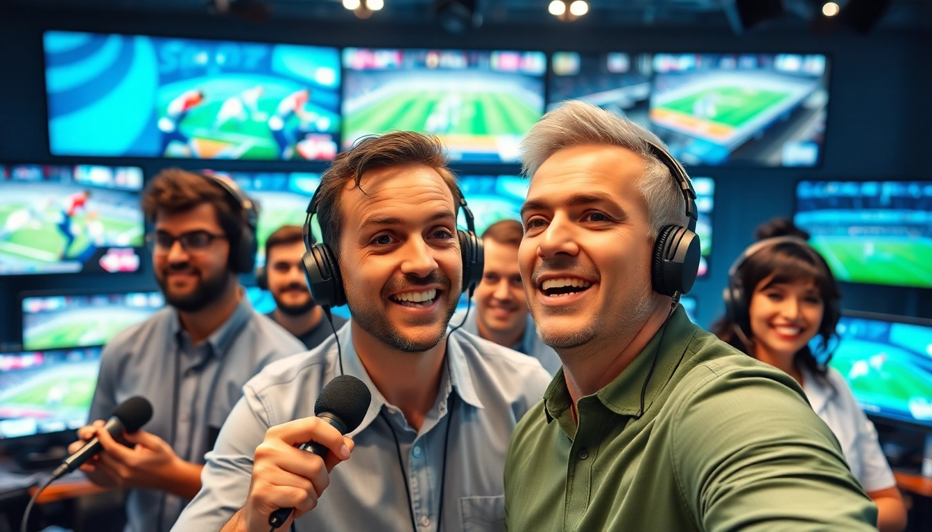 Sports Broadcasting commentators engage in action, showcasing passion and energy in a vibrant studio.
