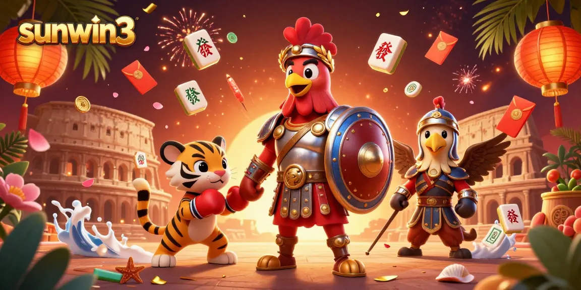 Experience excitement at sunwin3 with a vibrant scene of a gladiator rooster and tiger cub in a casino setting.