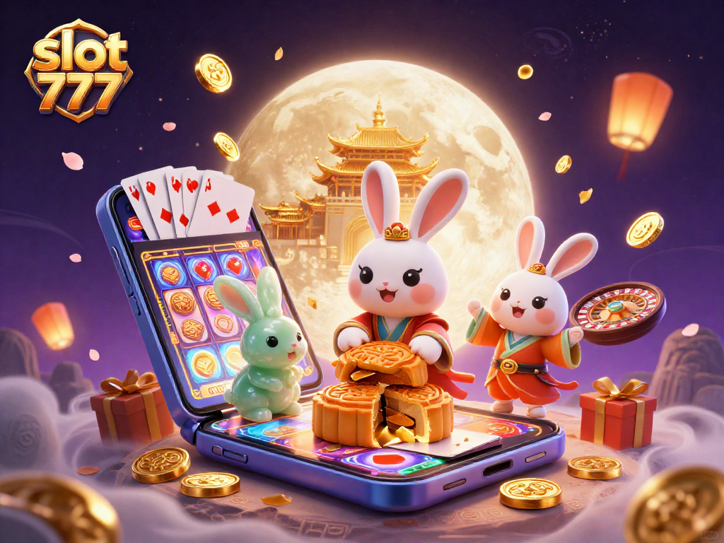 Slot 777 menampilkan kelinci bulan tradisional mengolah kue bulan dengan koin poker di latar belakang bulan.