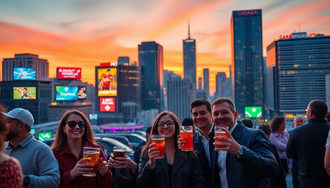 Engaging scene highlighting sportsbooks in Canada with enthusiastic fans enjoying a vibrant sports atmosphere.